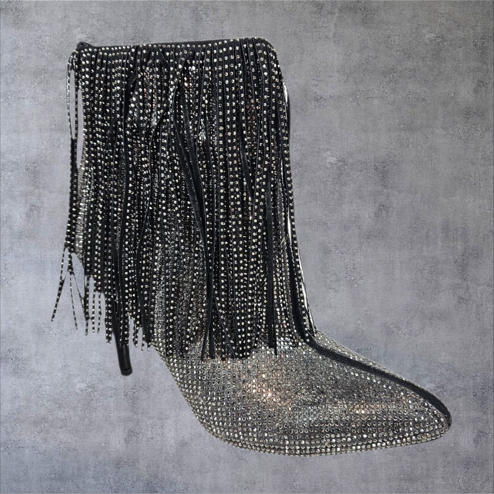 Andiamo Afringe Rhinestone Fringe Sparkle Heeled Ankle Booties Size 7M